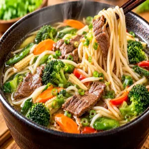 Comforting Noodle soup & mixed vegetables and beef (Soupe de nouilles & légumes mélangés au boeuf) at Harmonie Orientale, LaSalle, Montreal.