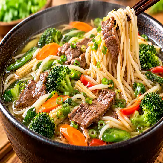 Comforting Noodle soup & mixed vegetables and beef (Soupe de nouilles & légumes mélangés au boeuf) at Harmonie Orientale, LaSalle, Montreal.