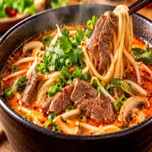Spicy Noodle soup with beef Tom Yum Style (Soupe de nouilles au boeuf style Tom Yum) at Harmonie Orientale, LaSalle, Montreal.
