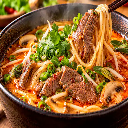 Spicy Noodle soup with beef Tom Yum Style (Soupe de nouilles au boeuf style Tom Yum) at Harmonie Orientale, LaSalle, Montreal.