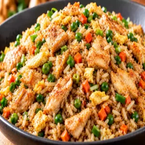 Savory Chicken fried rice (Riz frit au poulet) mixed with fresh vegetables and egg at Harmonie Orientale, LaSalle, Montreal.