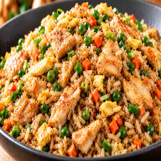 Savory Chicken fried rice (Riz frit au poulet) mixed with fresh vegetables and egg at Harmonie Orientale, LaSalle, Montreal.