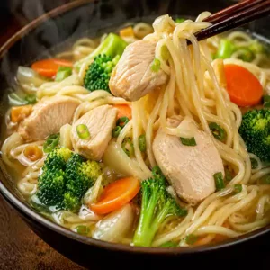 Comforting Noodle soup & mixed vegetables and chicken (Soupe de nouilles & légumes mélangés au poulet) at Harmonie Orientale, LaSalle, Montreal.