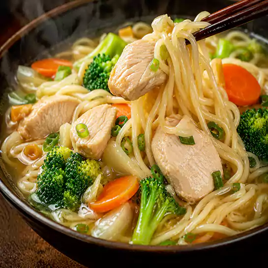 Comforting Noodle soup & mixed vegetables and chicken (Soupe de nouilles & légumes mélangés au poulet) at Harmonie Orientale, LaSalle, Montreal.