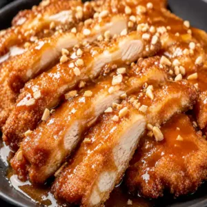 Crispy and golden Chicken Soo Guy (Poulet Soo Guy) drizzled with savory house sauce at Harmonie Orientale, LaSalle, Montreal.