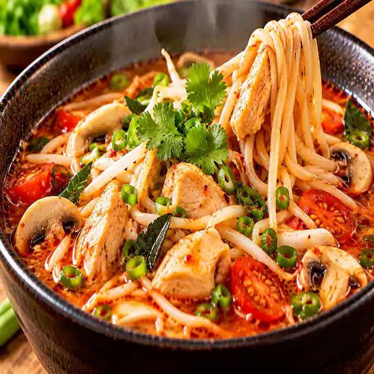 Spicy Noodle soup with chicken Tom Yum Style (Soupe de nouilles au poulet style Tom Yum) at Harmonie Orientale, LaSalle, Montreal.