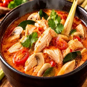 Spicy and sour Chicken Tom Yum Soup (Tom Yum au poulet) cooked with fresh mushrooms at Harmonie Orientale, LaSalle, Montreal.