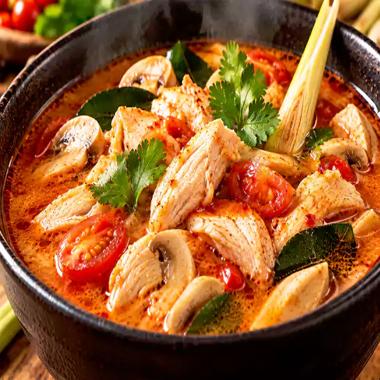 Spicy and sour Chicken Tom Yum Soup (Tom Yum au poulet) cooked with fresh mushrooms at Harmonie Orientale, LaSalle, Montreal.