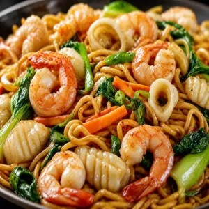 Premium Chow mein aux fruits de mer (Seafood Chow mein) with juicy shrimps and squid at Harmonie Orientale, LaSalle, Montreal.