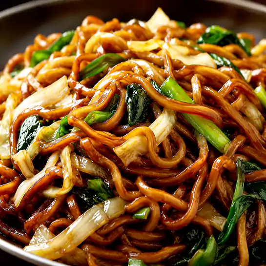 Delicious Chow mein style Shanghai featuring thick noodles in a rich dark sauce at Harmonie Orientale, LaSalle, Montreal.