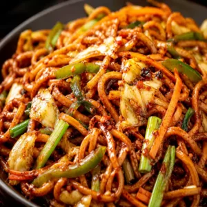 Spicy Chow mein Szechuan featuring stir-fried noodles in a rich chili sauce at Harmonie Orientale, LaSalle, Montreal.