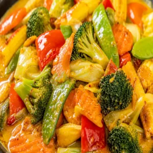 Vibrant Curry mixed vegetables (Légumes mélangés au cari) in a glossy golden curry sauce at Harmonie Orientale, LaSalle, Montreal.
