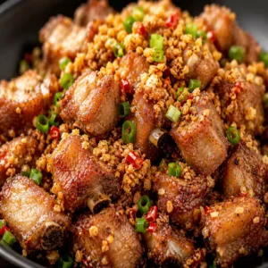 Crispy Golden Dried garlic spareribs (Côtes levées à l’ail) topped with fried minced garlic at Harmonie Orientale, LaSalle, Montreal.
