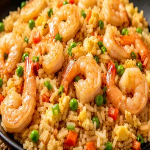 Savory Fried rice with shrimps (Riz frit aux crevettes) mixed with fresh vegetables at Harmonie Orientale, LaSalle, Montreal.