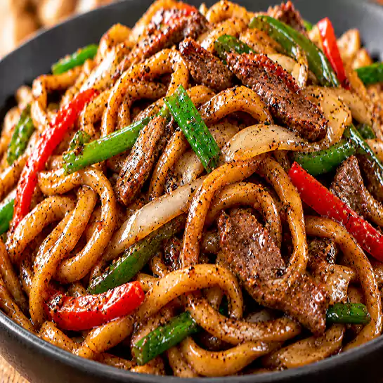 Savory Japanese noodles with black pepper (Nouilles Japonais au poivre noir) stir-fried with fresh vegetables at Harmonie Orientale, LaSalle, Montreal.