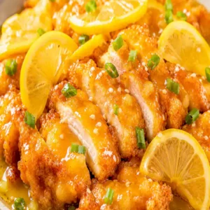 Crispy Golden Lemon chicken (Poulet au citron) glazed in a glossy zesty sauce at Harmonie Orientale, LaSalle, Montreal.