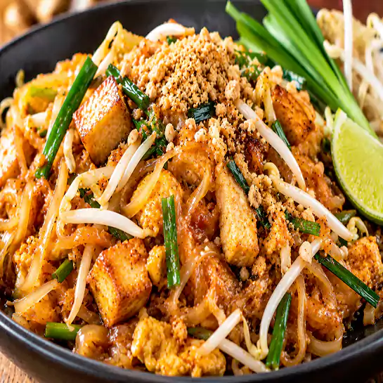 Authentic Pad Thai (Thai style rice noodles) topped with crushed peanuts and fresh chives at Harmonie Orientale, LaSalle, Montreal.