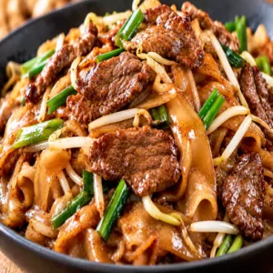 Delicious Rice noodles with beef (Nouilles de riz au boeuf) stir-fried with fresh scallions at Harmonie Orientale, LaSalle, Montreal.