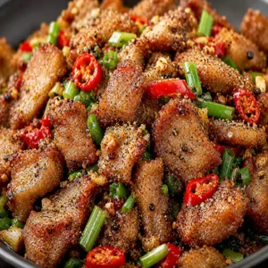 Crispy Golden Salt & pepper fried pork (Porc frit au sel et poivre) garnished with scallions and chilies at Harmonie Orientale, LaSalle, Montreal.