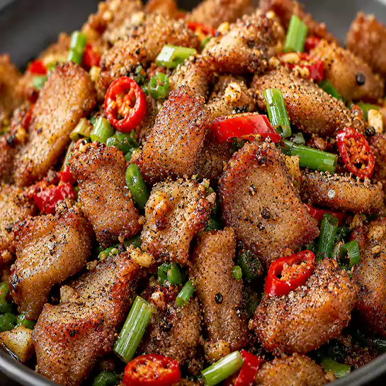 Crispy Golden Salt & pepper fried pork (Porc frit au sel et poivre) garnished with scallions and chilies at Harmonie Orientale, LaSalle, Montreal.
