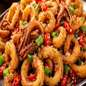 Crispy and golden Salt & pepper fried squid (Calmars frits au sel & poivre) garnished with chilies and scallions at Harmonie Orientale in LaSalle, Montreal.