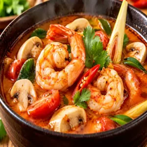 Spicy and sour Shrimp Tom Yum Soup (Tom Yum aux crevettes) with mushrooms and fresh herbs at Harmonie Orientale, LaSalle, Montreal.