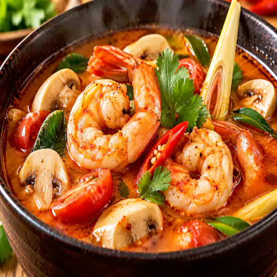 Spicy and sour Shrimp Tom Yum Soup (Tom Yum aux crevettes) with mushrooms and fresh herbs at Harmonie Orientale, LaSalle, Montreal.