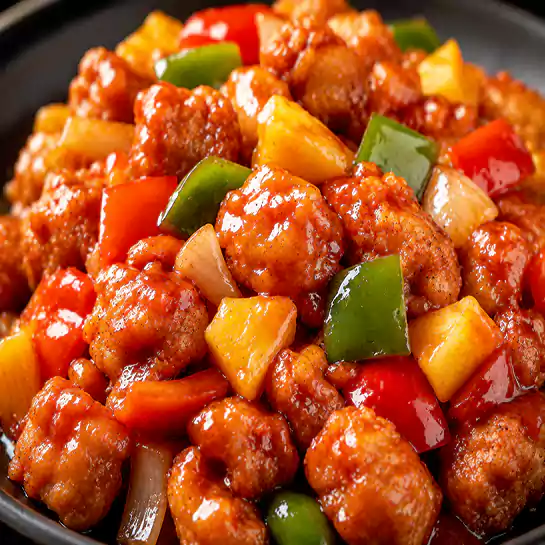 Classic Sweet & sour pork (Porc à la sauce aigre-douce) with peppers and pineapple at Harmonie Orientale, LaSalle, Montreal.