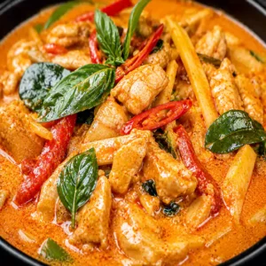 Rich and creamy Thai chicken curry (Au cari vert ou jaune ou rouge) with fresh basil at Harmonie Orientale, LaSalle, Montreal.