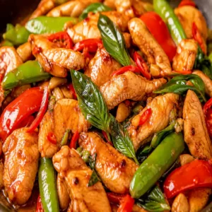 Delicious Thai style chicken (Poulet Thaïlandais) cooked with fresh vegetables in a savory sauce at Harmonie Orientale, LaSalle, Montreal.