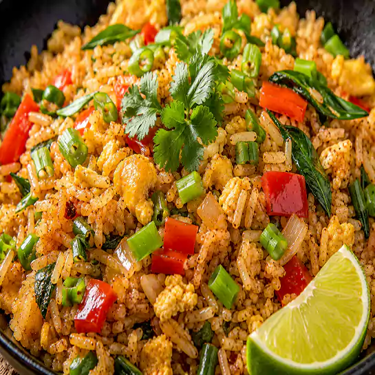 Aromatic Thai style fried rice (Riz frit Thaïlandais) with fresh herbs and a lime wedge at Harmonie Orientale, LaSalle, Montreal.