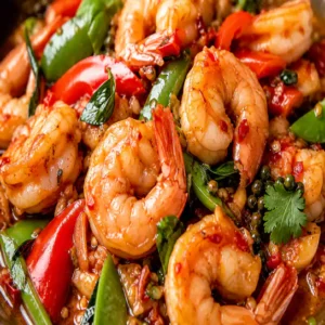 Exotic Thai style shrimps (Crevettes Thaïlandaises) with crisp vegetables at Harmonie Orientale in LaSalle, Montreal.