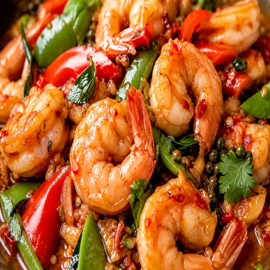 Exotic Thai style shrimps (Crevettes Thaïlandaises) with crisp vegetables at Harmonie Orientale in LaSalle, Montreal.