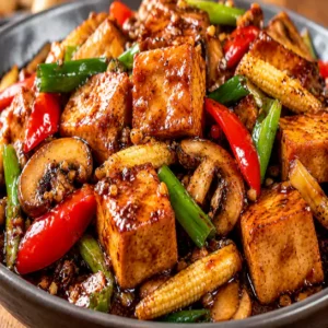 Signature Tofu de la maison (House Special Tofu) cooked with fresh vegetables in a savory special sauce at Harmonie Orientale, LaSalle, Montreal.