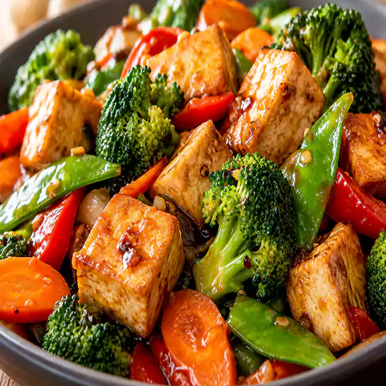 Healthy Tofu & mixed vegetables (Tofu & légumes mélangés) in a glossy savory stir-fry sauce at Harmonie Orientale, LaSalle, Montreal.