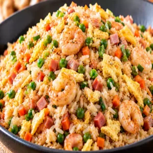 Authentic Yang Zhou Fried Rice (Riz frit de Yang Zhou) with shrimp and ham at Harmonie Orientale, LaSalle, Montreal.
