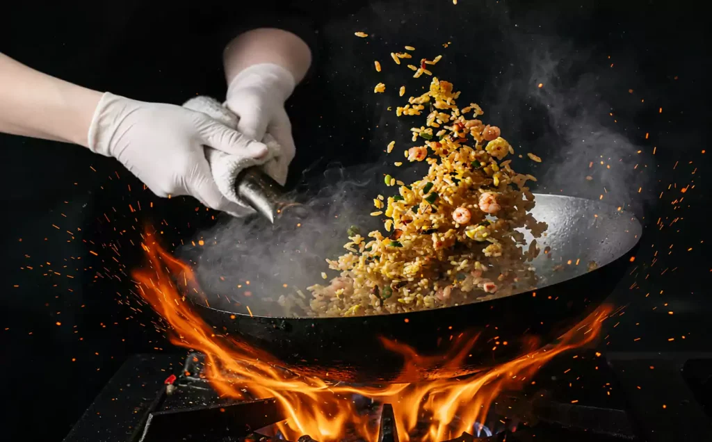 Wok tossing fried rice over flames — best Chinese food in LaSalle Montreal at Harmonie Orientale