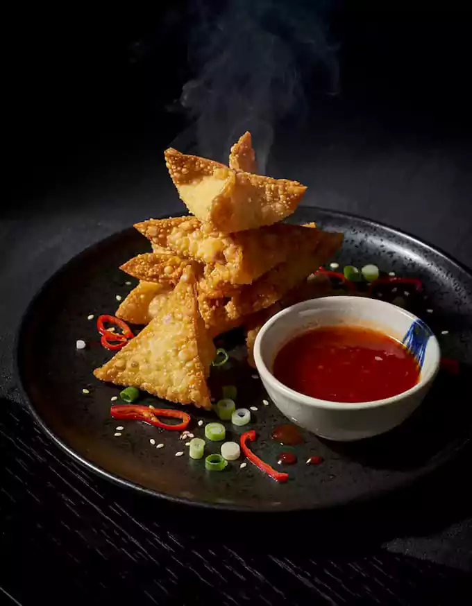 Crispy fried spinach wontons at Harmonie Orientale, LaSalle Montreal